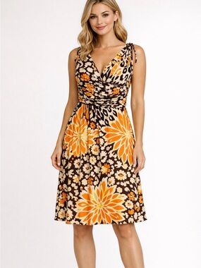 Source Unknown Orange and Brown Floral Midi Dress with Tie Shoulders